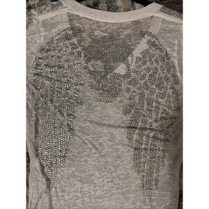 Sinful White Tea W/rhinestone Skull And Wings On Back Sz-S